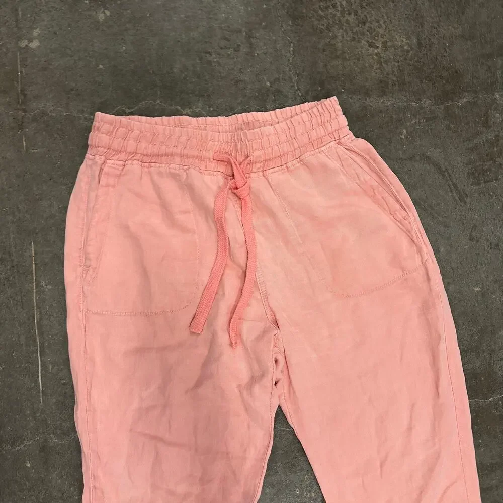 ZARA Linen Blend Elastic Drawstring Waist Frayed Hem Pants Coral Pink Womens L